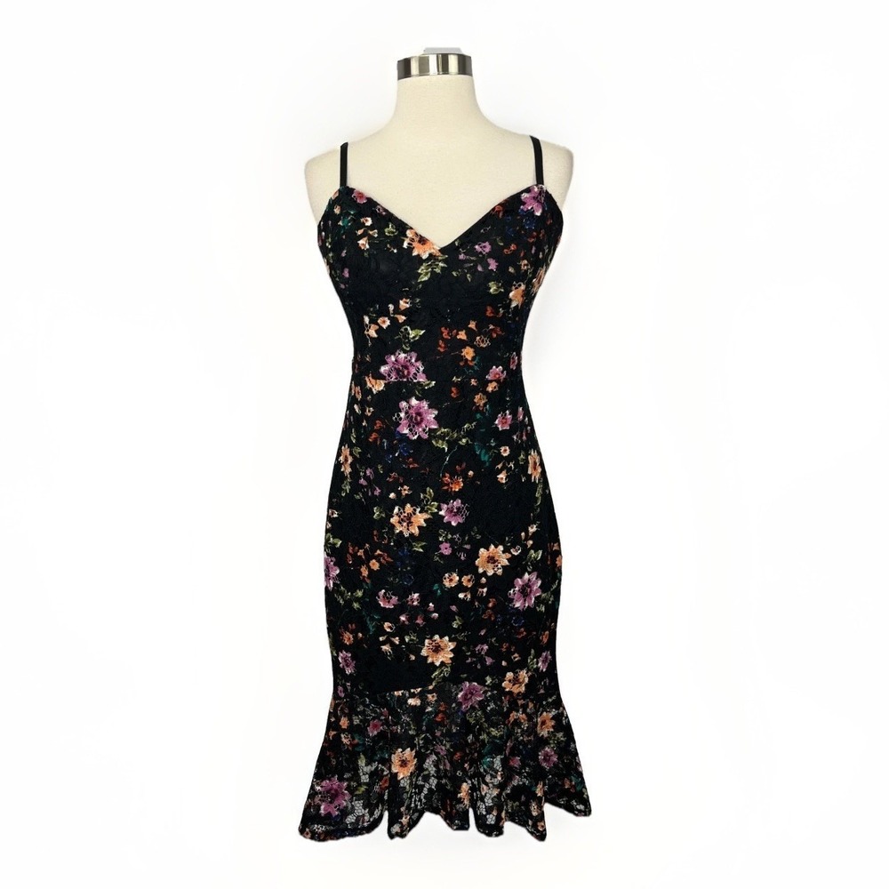 Guess Trumpet Dress Black Multicolor Floral Lace Sz 6 Y2K Romantic Whimsy - Picture 2 of 16